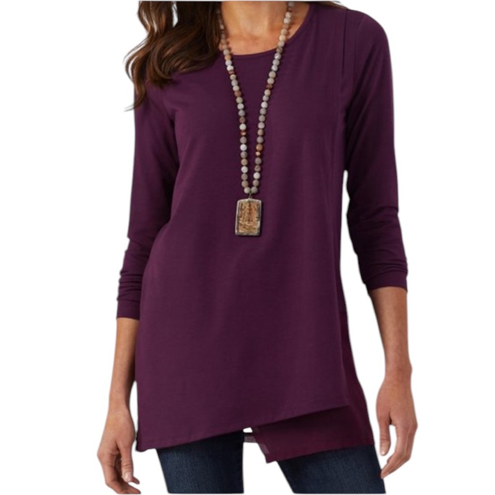 SOFT SURROUNDING TOUCH OF SHEER TUNIC TOP BURGUNDY SUNSET PURPLE XS